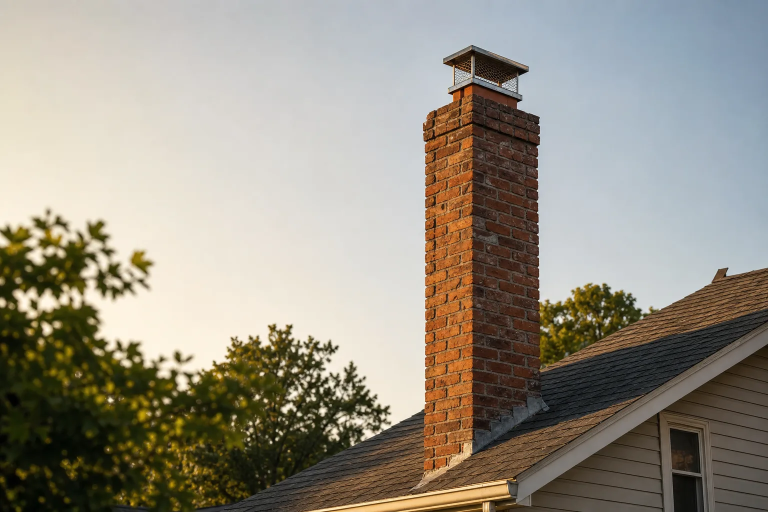 Chimney maintenance starts with the whole stack: a weathered brick chimney with cap and flashing on a shingled roof