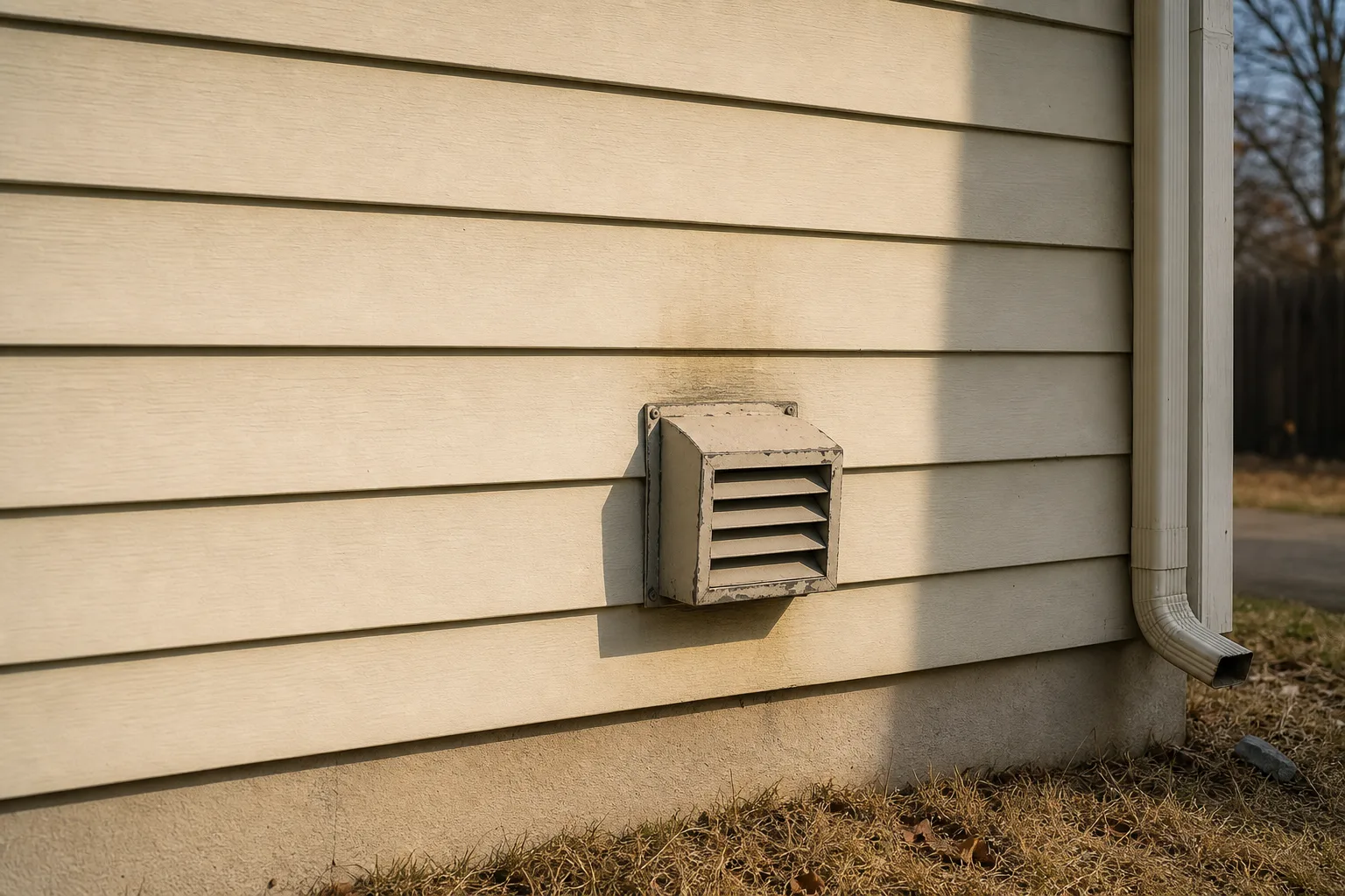 Chimney maintenance for gas appliances: a direct vent termination cap on the exterior siding wall of a house