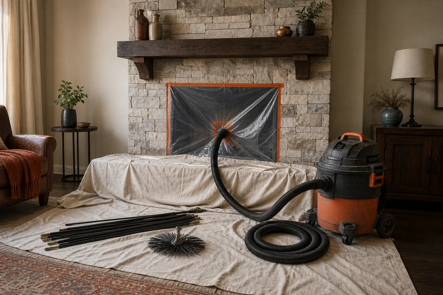 Chimney maintenance sweeping setup: drop cloths, poly sheeting taped over the fireplace opening, vacuum hose and brush rods