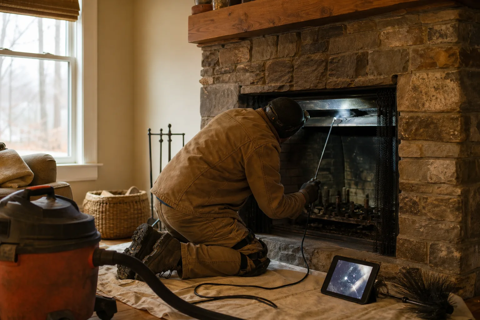 Chimney parging assessment: a technician inspecting a smoke chamber with a camera and headlamp from the hearth