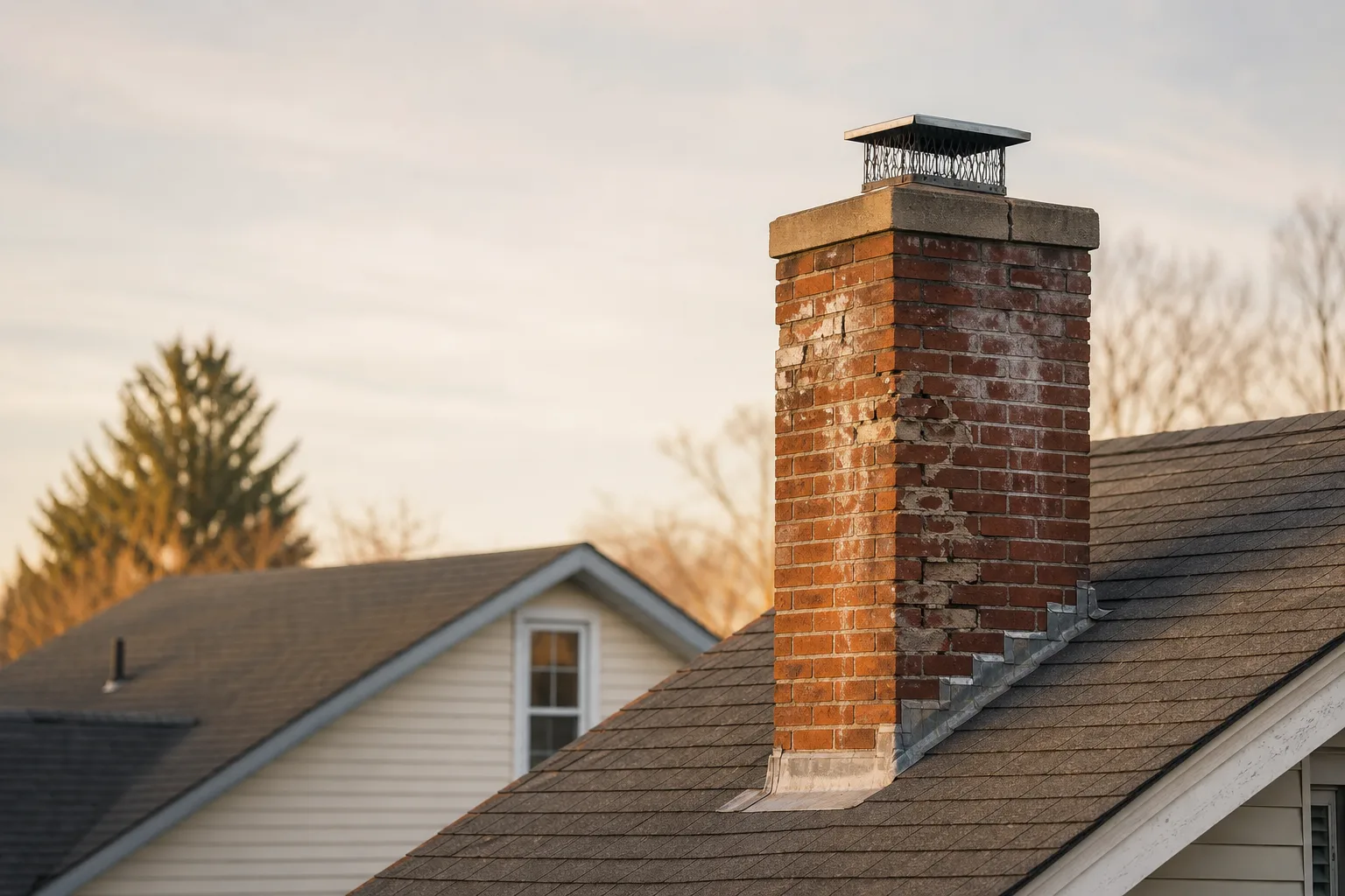 Chimney parging candidate: a weathered brick chimney with spalled faces and open mortar joints on a shingle roof