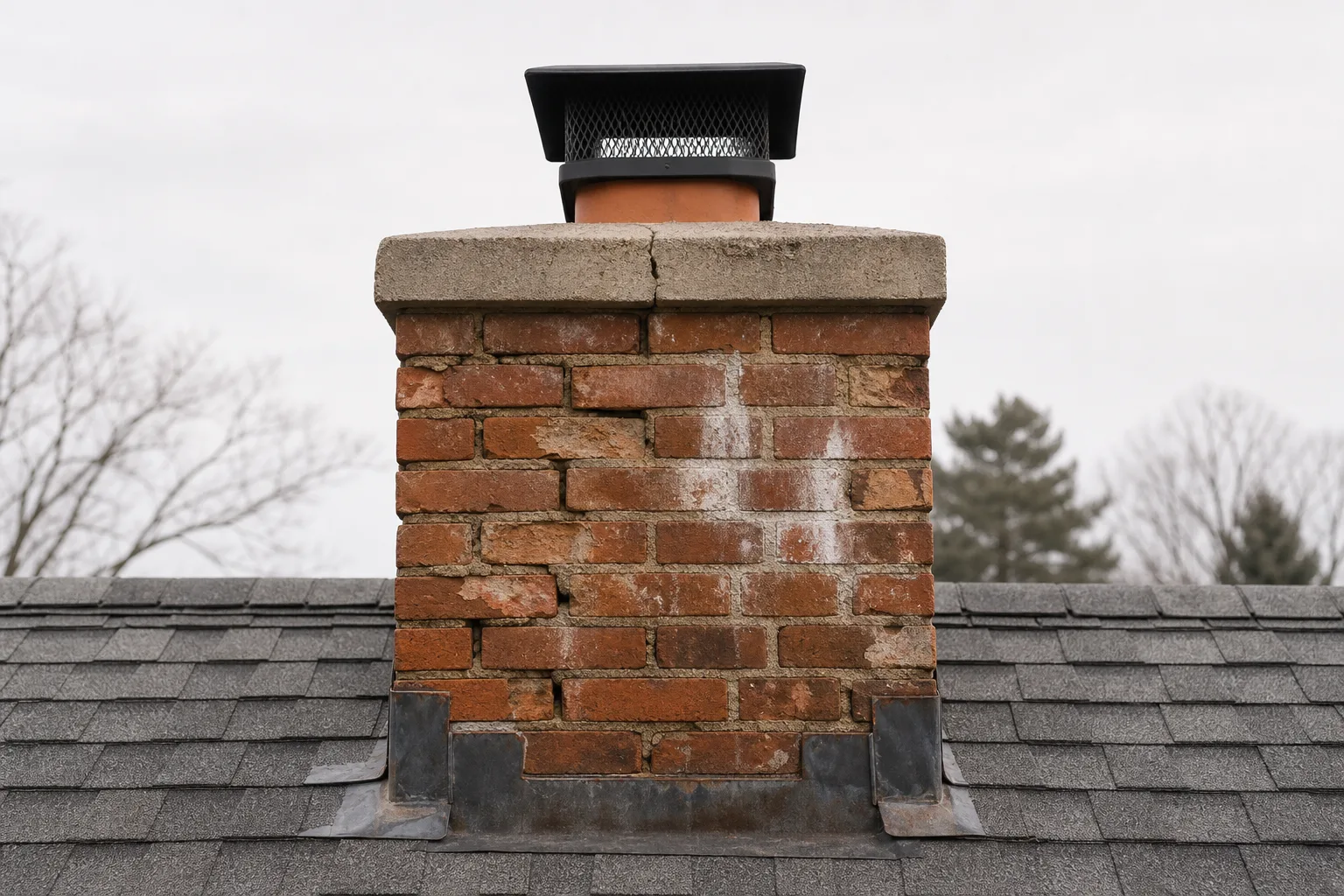 Chimney parging before: a spalled brick chimney stack with open joints and efflorescence above a shingle roof