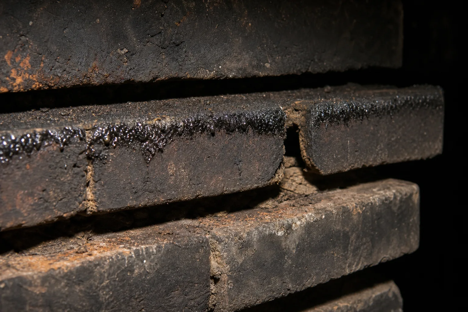 Chimney parging detail: stepped corbelled brick with eroded mortar joints and creosote inside a smoke chamber