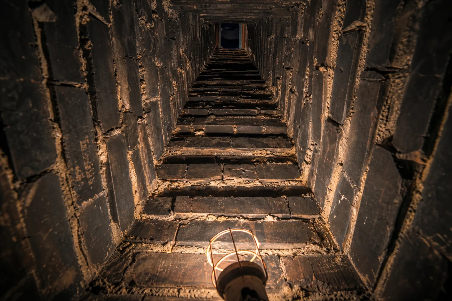 Chimney parging target: the corbelled brick interior of an unparged smoke chamber seen from the hearth