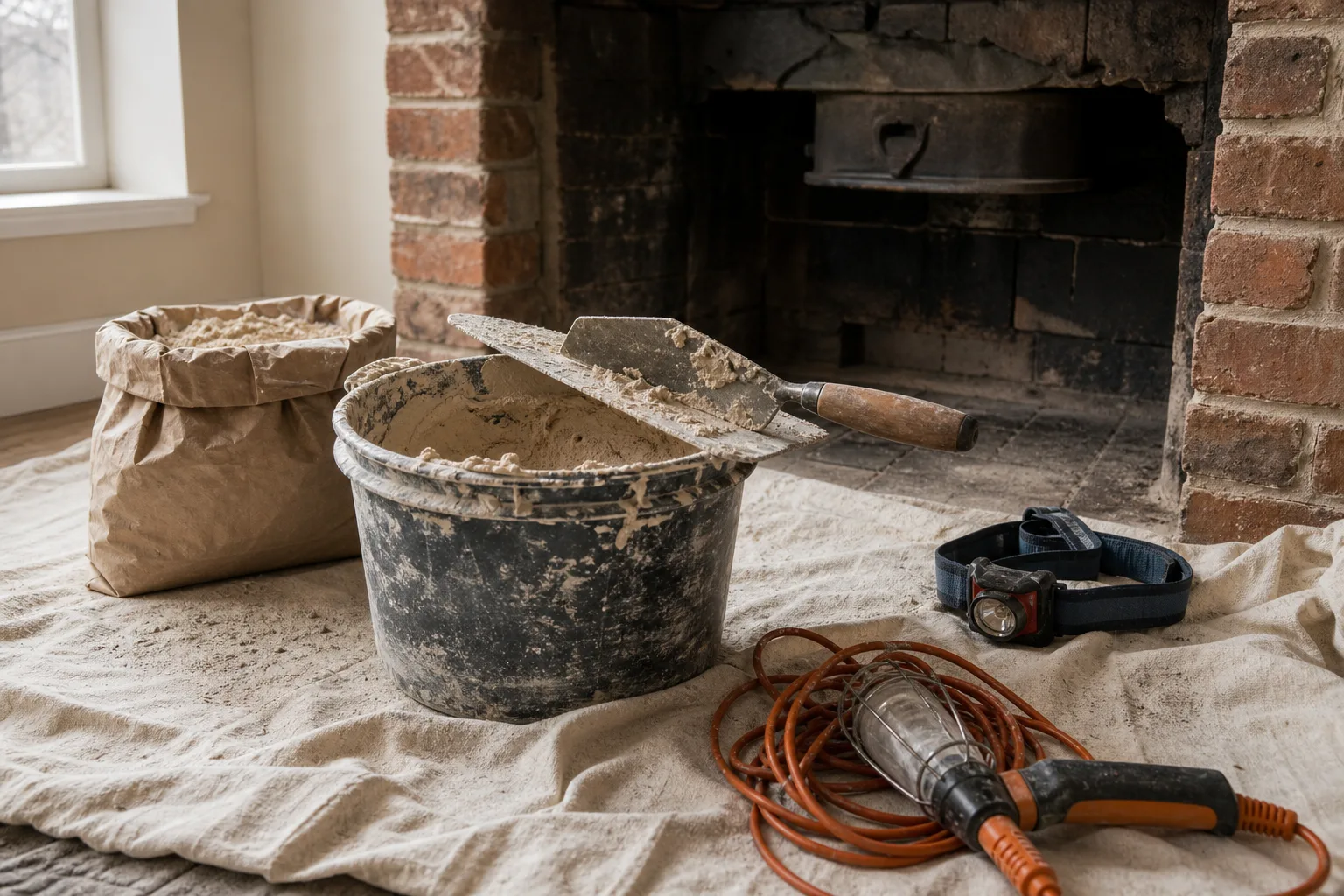 Chimney parging materials: refractory mortar, pointing trowel and hawk on a drop cloth at a fireplace hearth