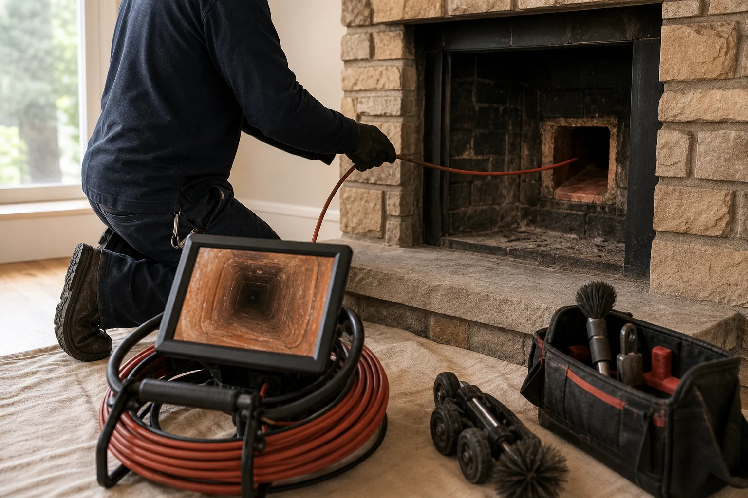 Fireplace insert inspection with a camera scanning the clay-lined chimney flue