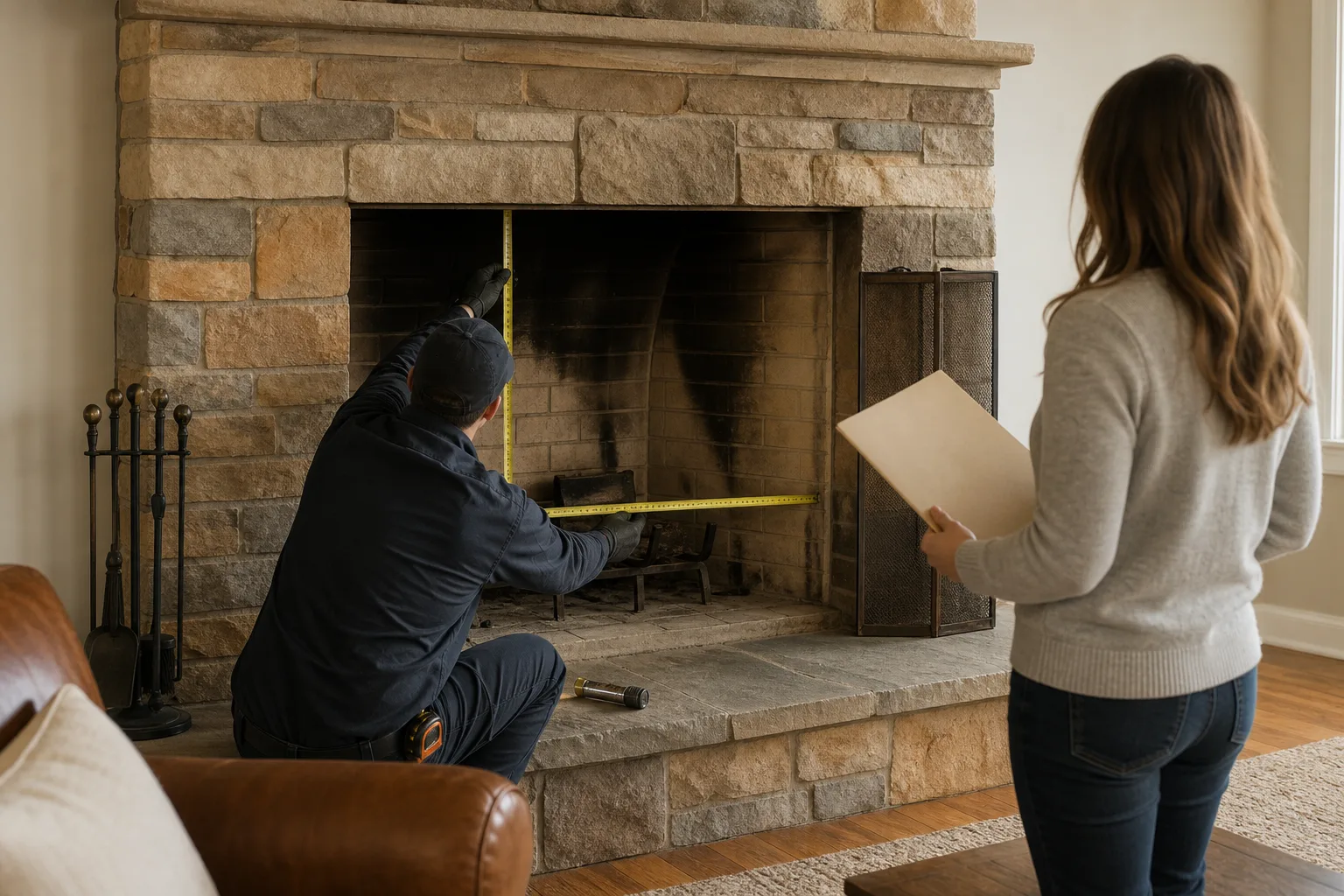 Fireplace inserts near me considered while a technician measures an open firebox