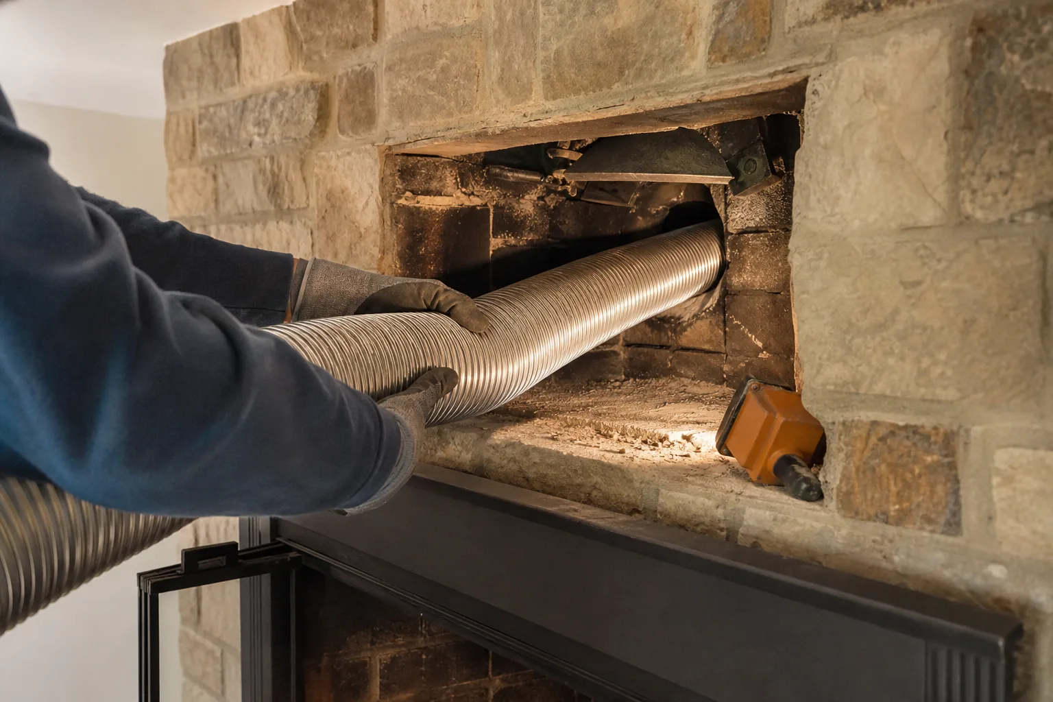 Fireplace insert liner being guided through the damper opening by a technician