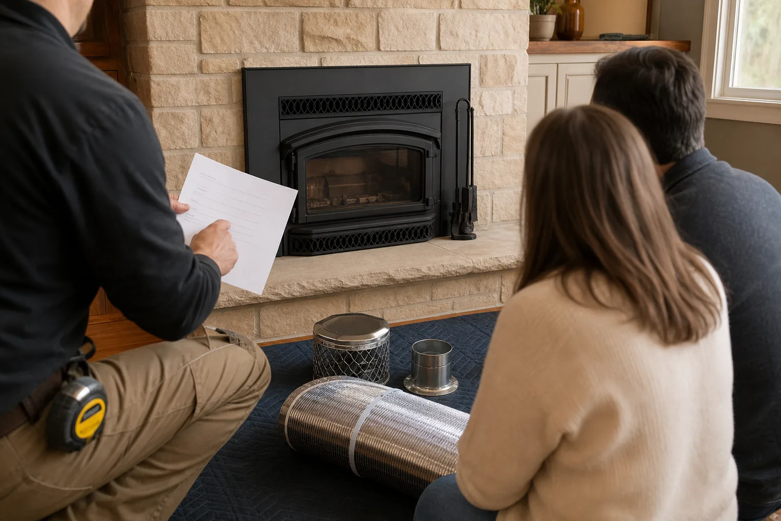 Fireplace insert installer reviewing chimney measurements with homeowners at their hearth