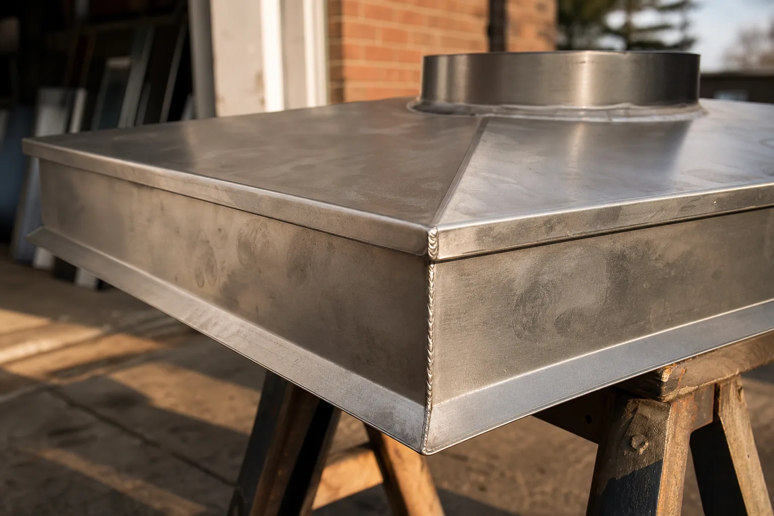 Metal chimney cover construction detail: the cross break, flared drip edge, skirt and welded corner of a stainless chase cover