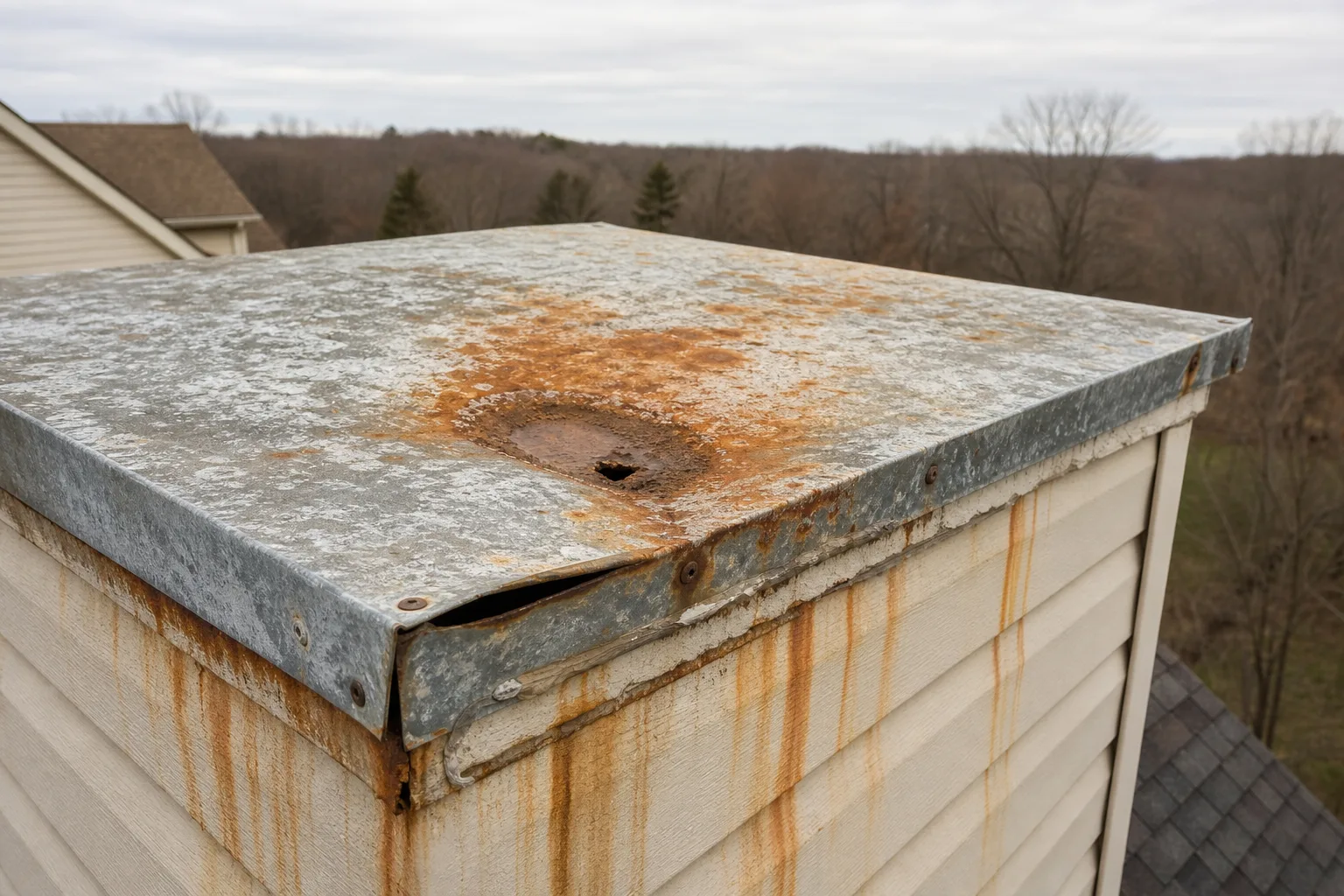Metal chimney cover in typical worn condition: a rusted galvanized chase pan streaking orange down the siding