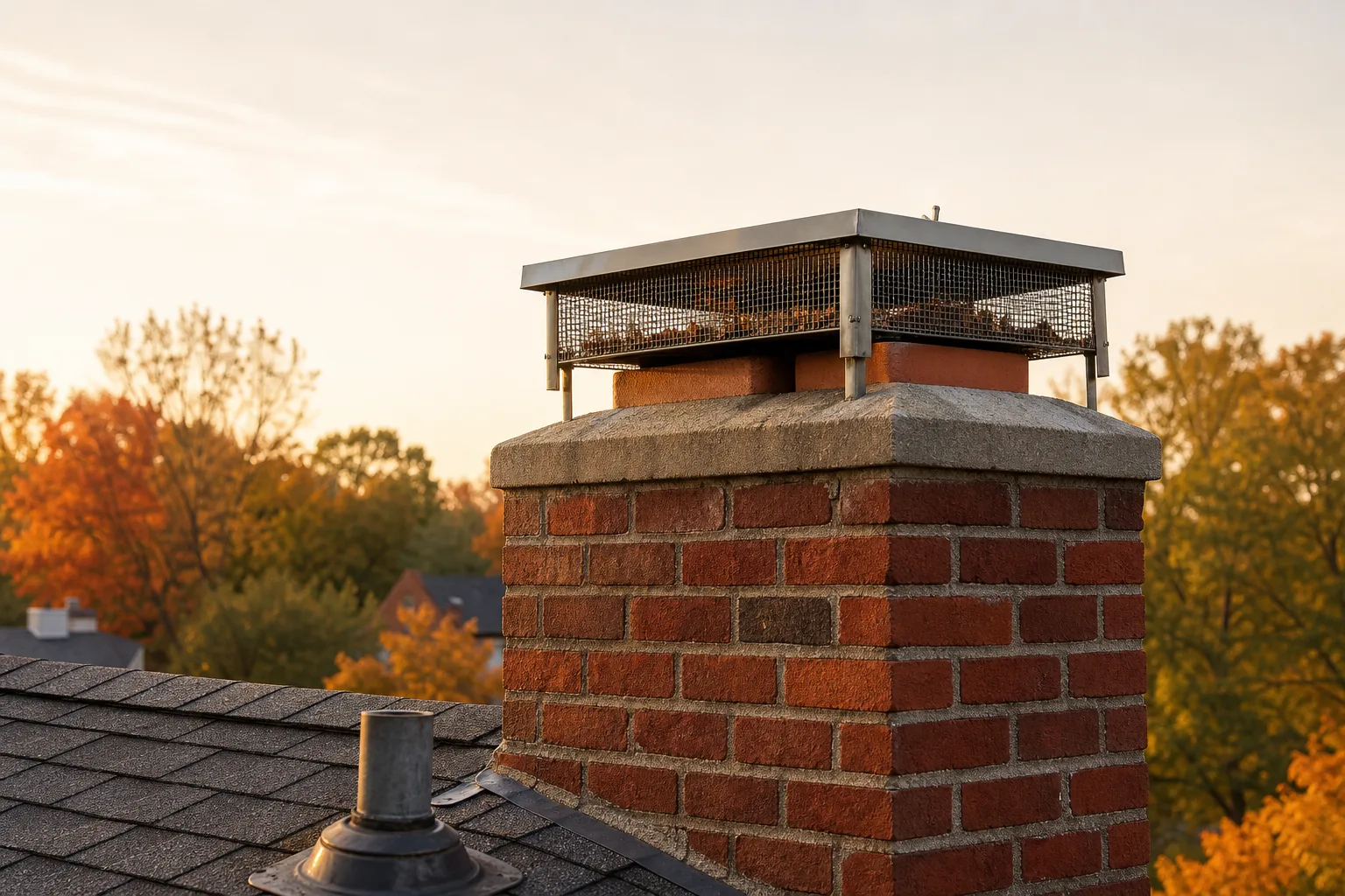 Metal chimney cover: a stainless multi-flue cap on legs above the concrete crown and clay flue tiles of a brick chimney