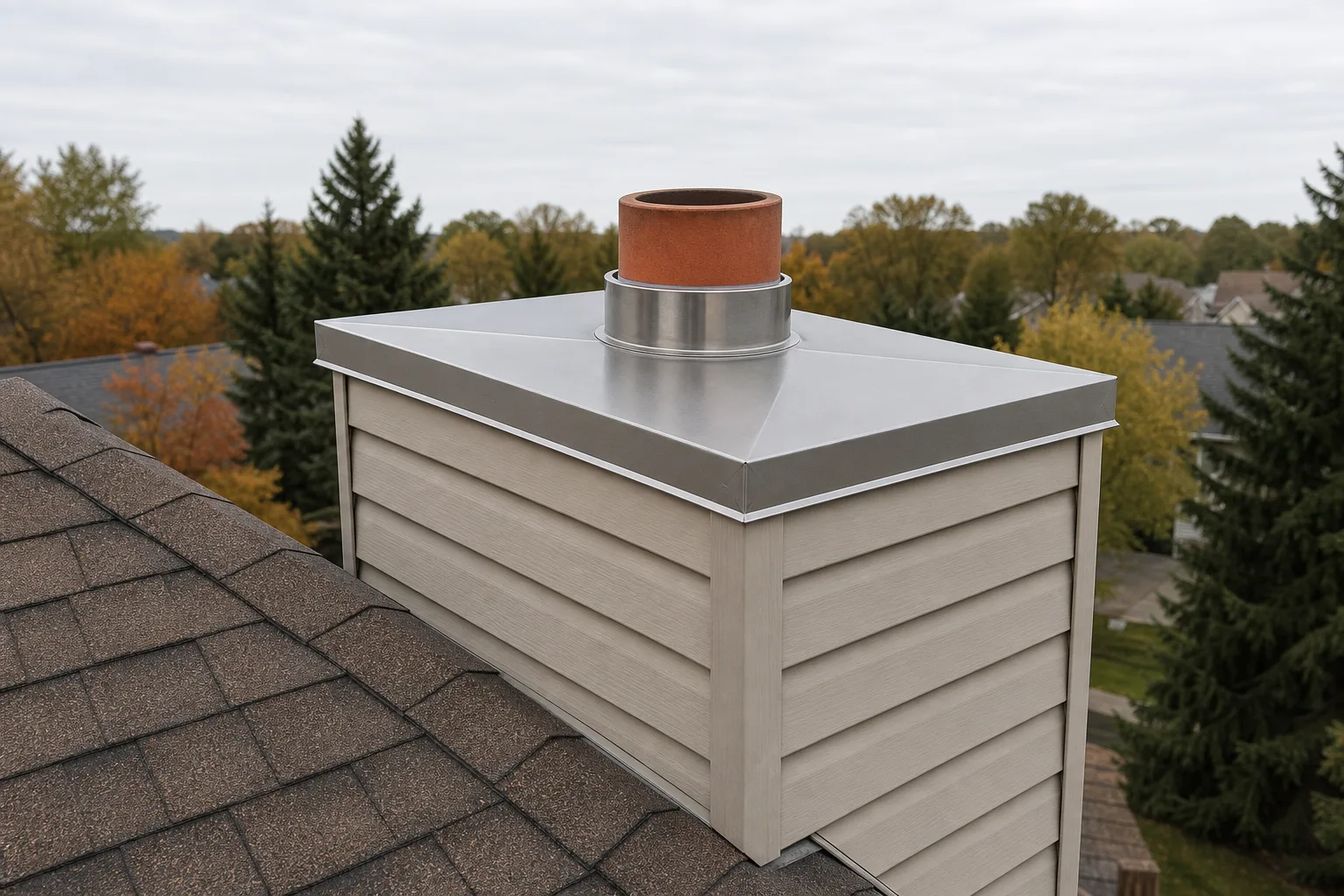 Metal chimney cover in typical sound condition: a stainless chase cover with cross break and drip edge above dry siding