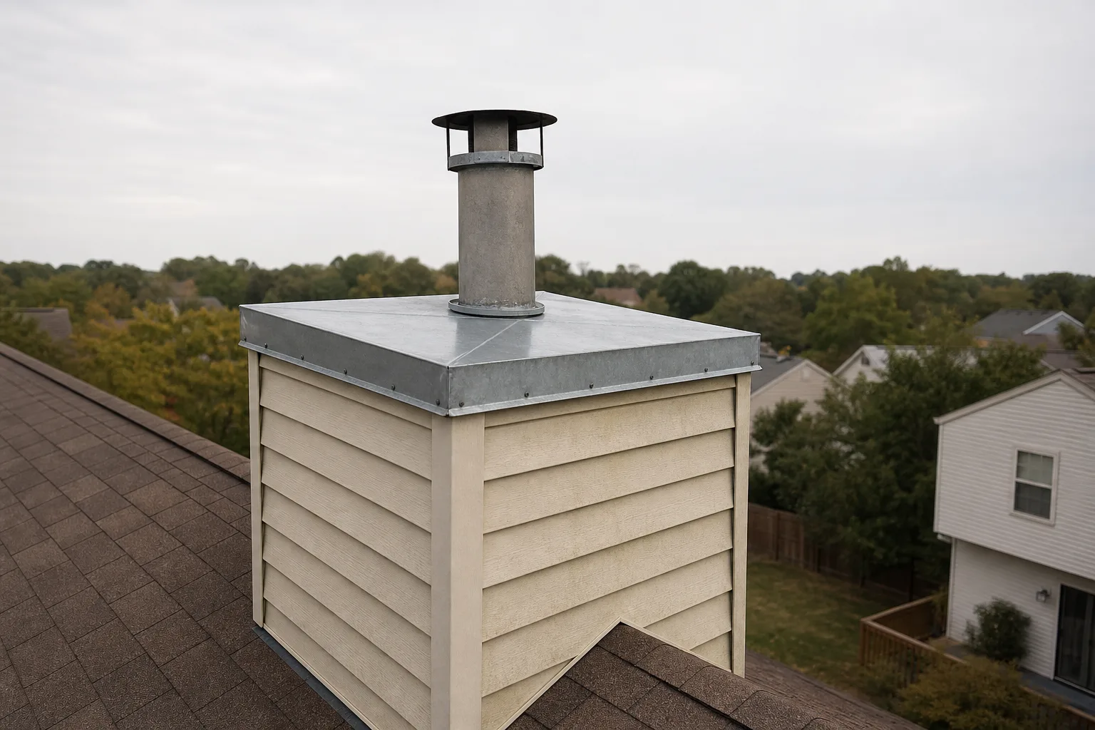 Metal chimney cover on a prefab chimney: a flat galvanized chase pan with a centre flue collar on a sided chase