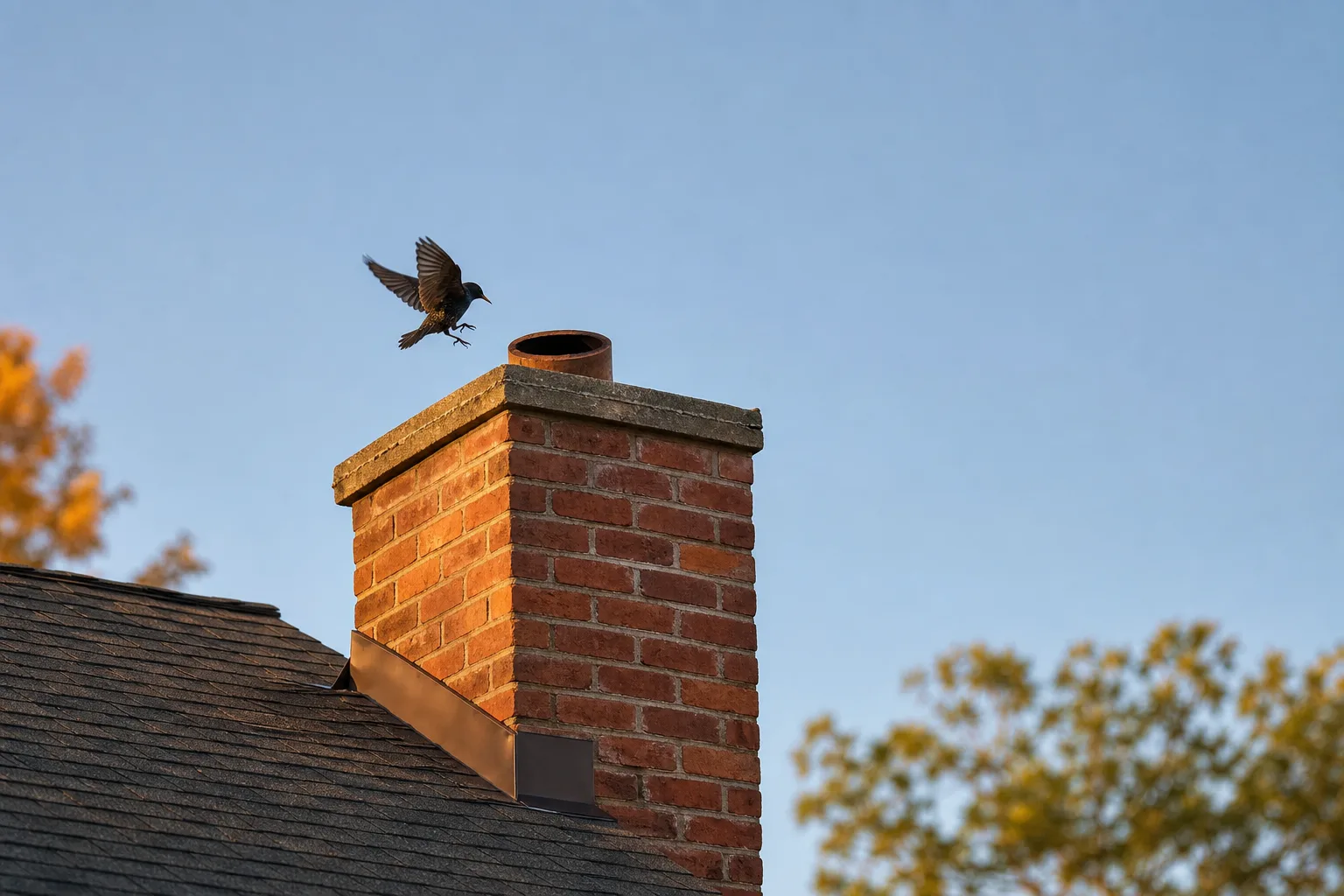 Bird removal from chimney near me: a bird approaching an uncapped brick flue on a residential roof