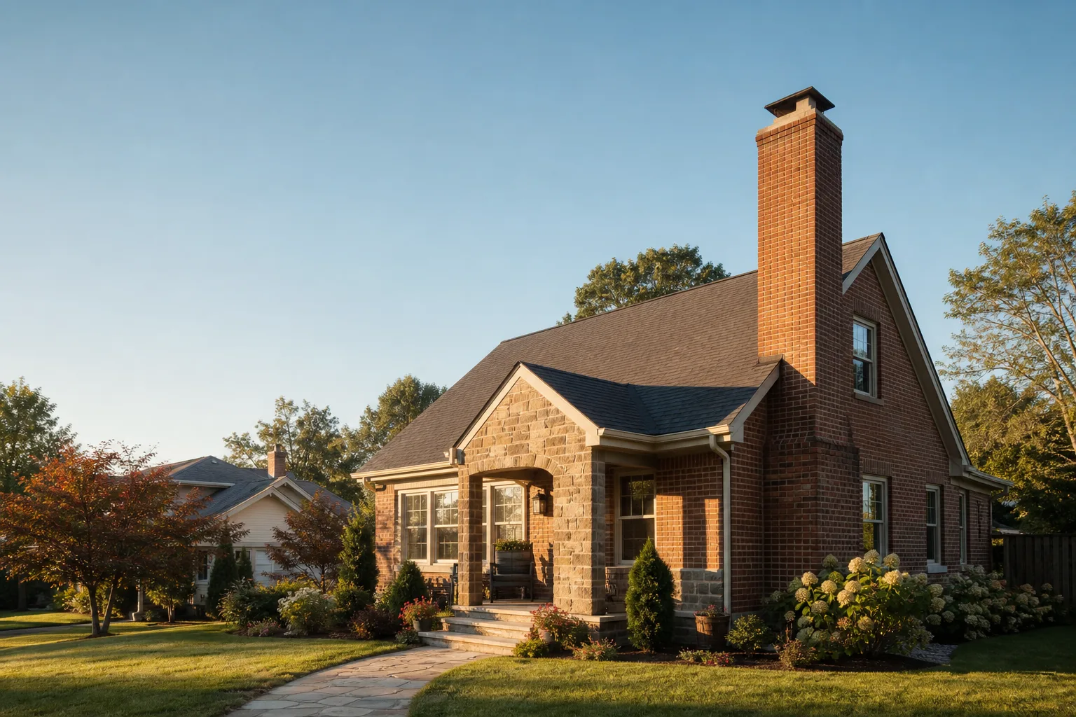 Older American home's front facade with a tall brick chimney in morning light