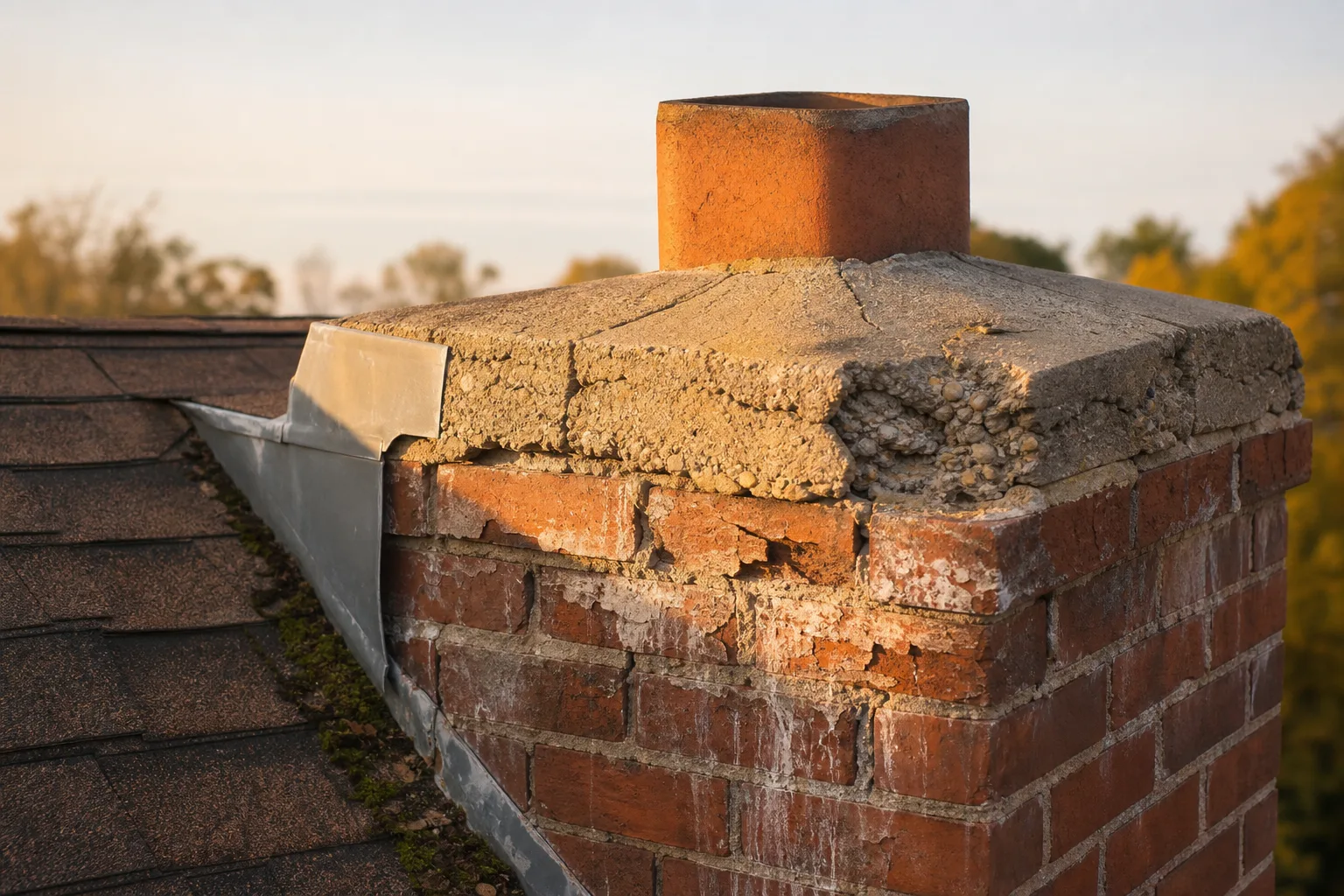 what is a chimney crown failure: cracked crown with a broken corner and spalling brick below, typical worn condition
