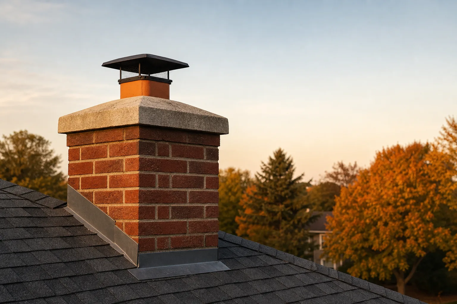 what is a chimney crown: grey concrete crown on a brick chimney stack at golden hour