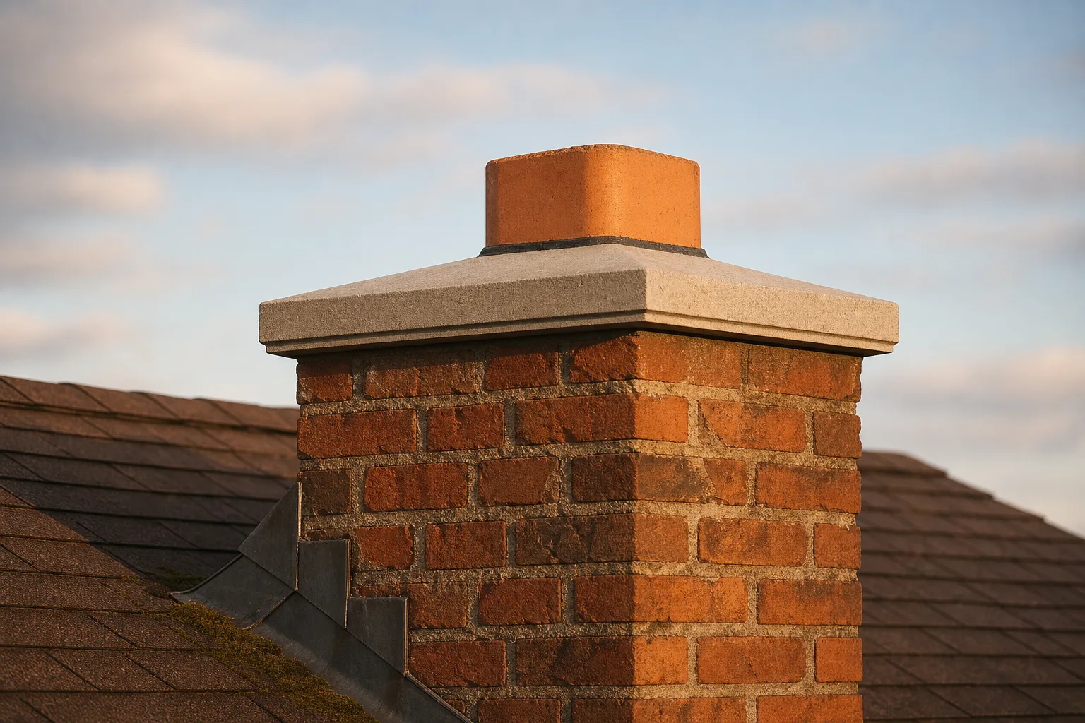 what is a chimney crown done right: sound concrete crown with a clear overhang and drip edge, same chimney after work