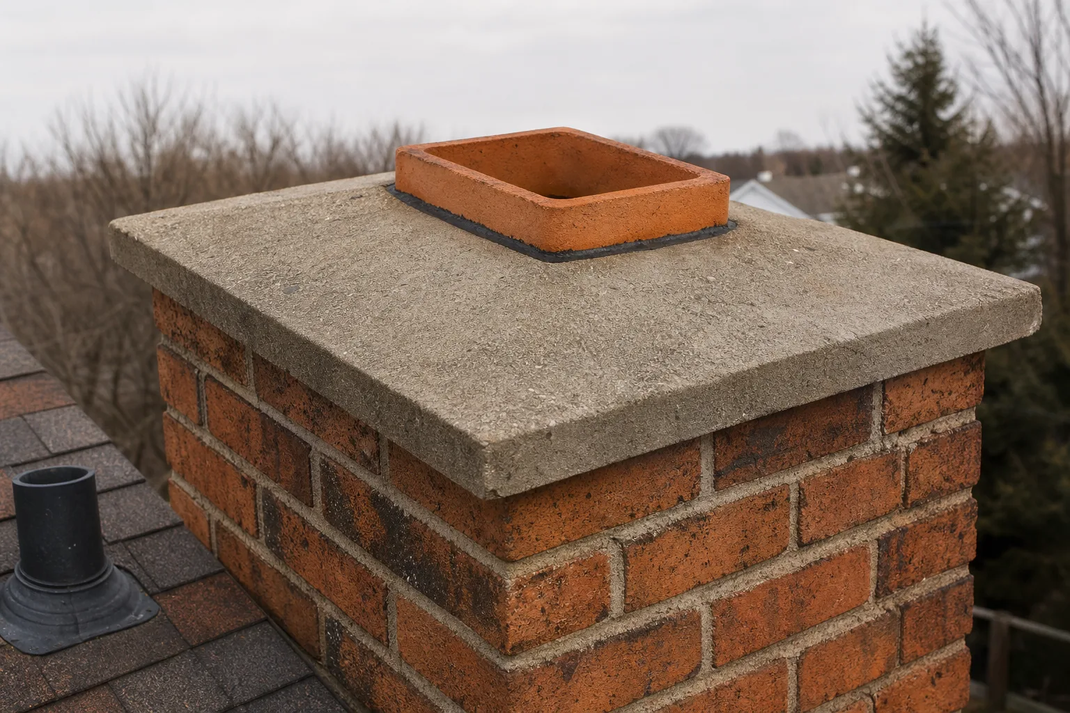what is a chimney crown covering: concrete slab spanning from clay flue liner to brick edge