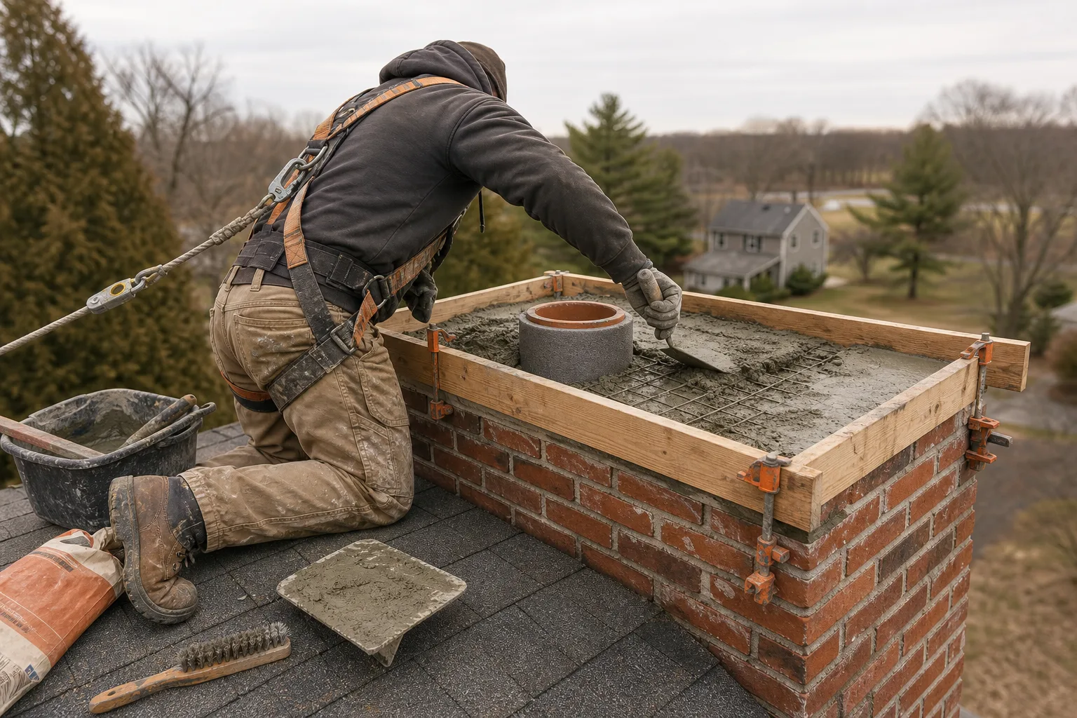 what is a chimney crown made of: technician troweling a reinforced concrete crown in plywood forms