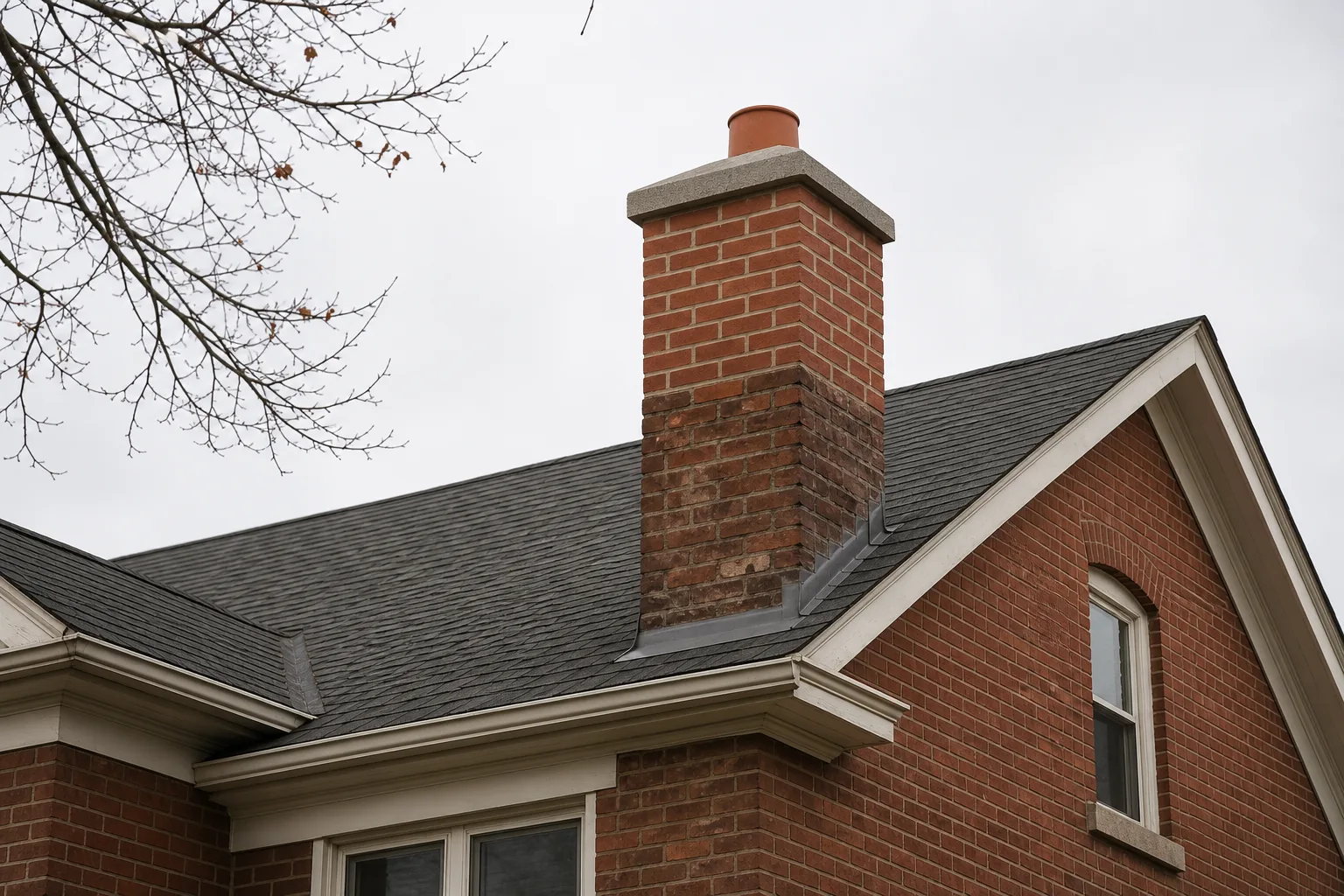 chimney extension completed, new brick courses raising the stack above the ridge