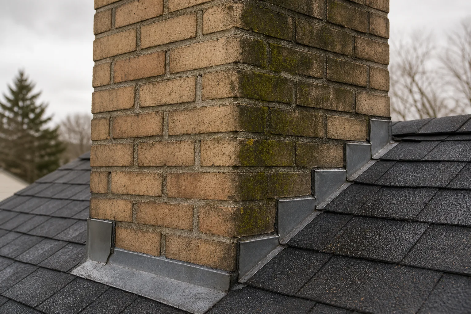 chimney extension work begins at the brick stack where it meets the roof