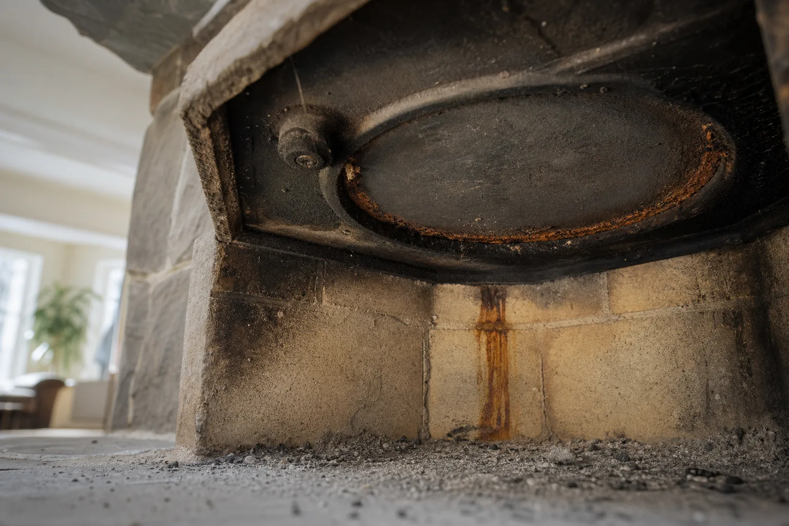Damper repair starts here: a sooted cast iron throat damper plate lit by a flashlight inside a fireplace firebox