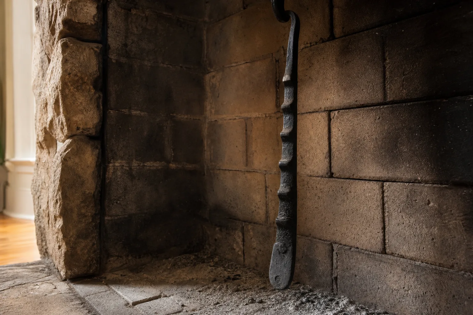 Damper repair diagnosis: the cast iron poker control arm and its notched steps inside a sooted firebox