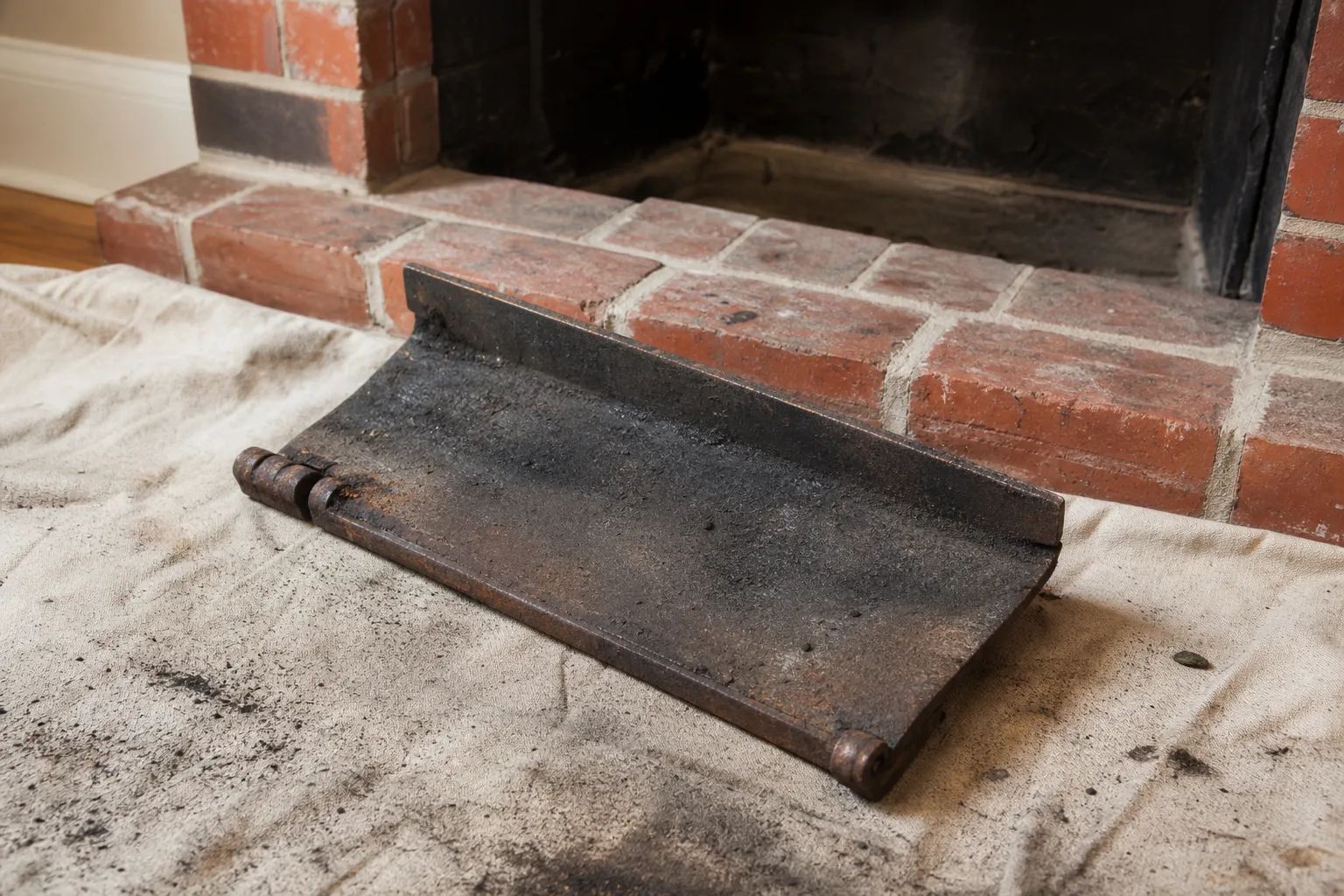 Damper repair or replacement: a warped, rust-edged cast iron damper plate removed and laid on a drop cloth