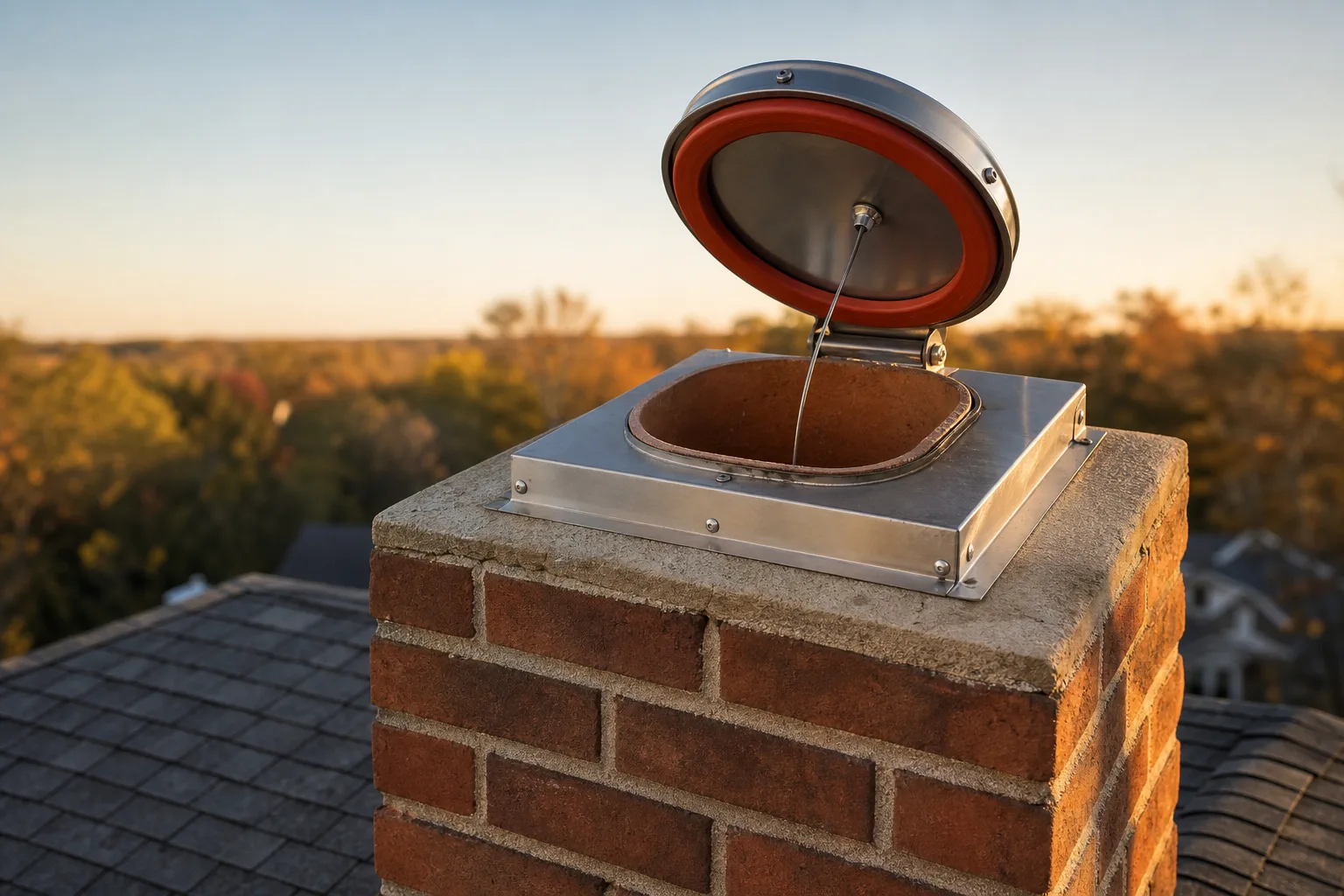Damper repair on a top-sealing unit: the stainless housing on the chimney crown with its cable running down the flue