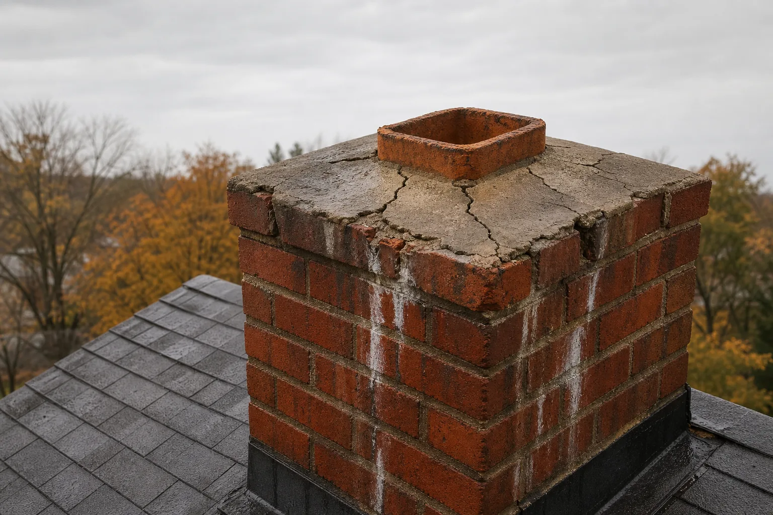 Damper repair cause: a cracked chimney crown and an open, uncapped flue tile letting rain down into the chimney