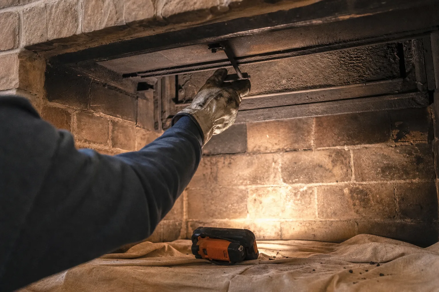 Damper repair check: a gloved hand testing the travel of a throat damper plate in a cold firebox