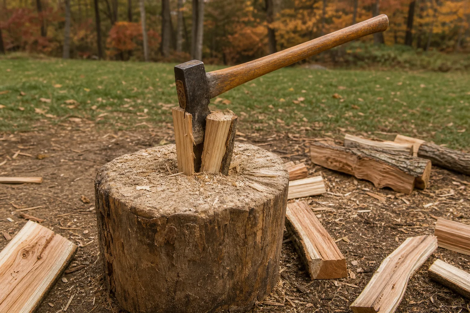 How to season firewood: a splitting maul in fresh split oak on a scarred chopping block