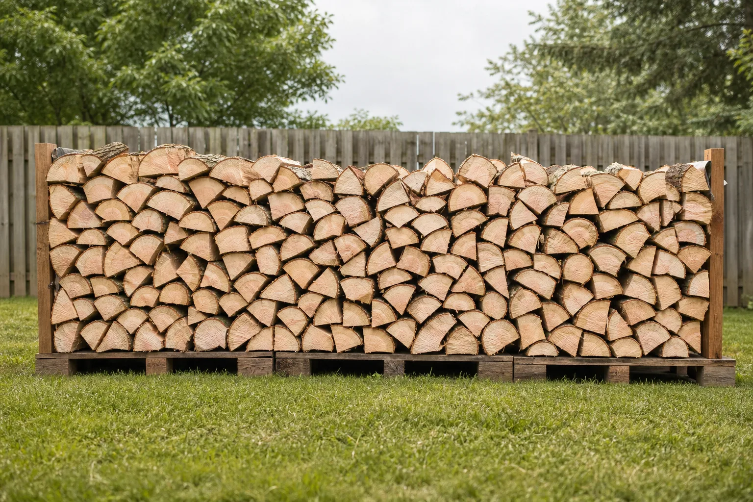How to season firewood: a green stack with pale damp end grain and tight bark