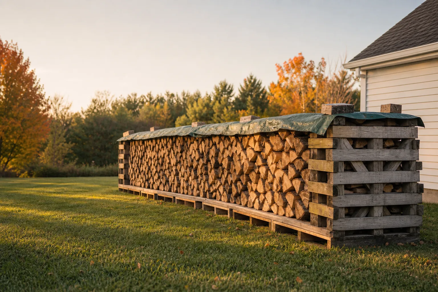 How to season firewood: a single row stack on pallets with the top tarped and the sides open