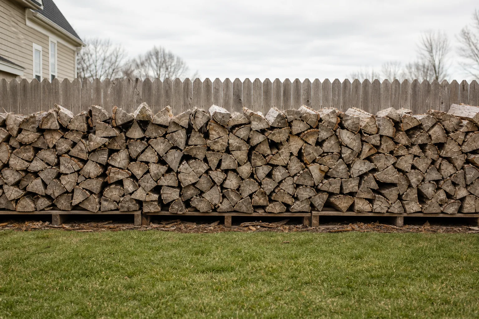 How to season firewood: the same stack a year later with checked grey ends and loose bark