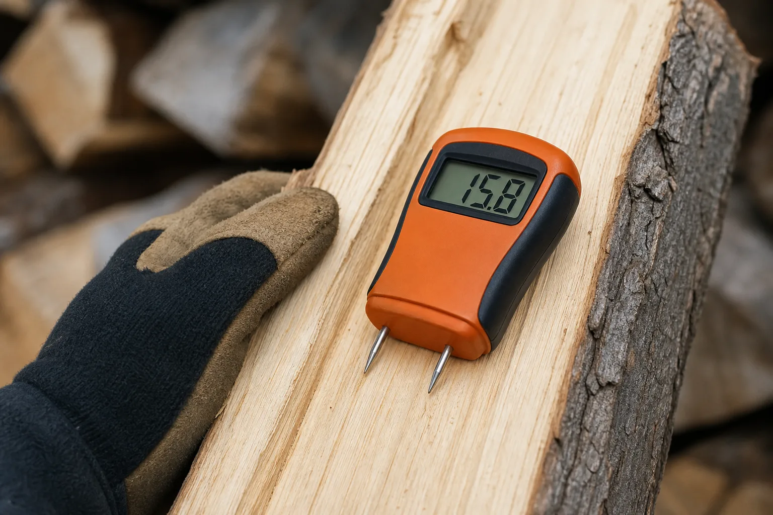 How to season firewood: a pin moisture meter reading the freshly split face of a log