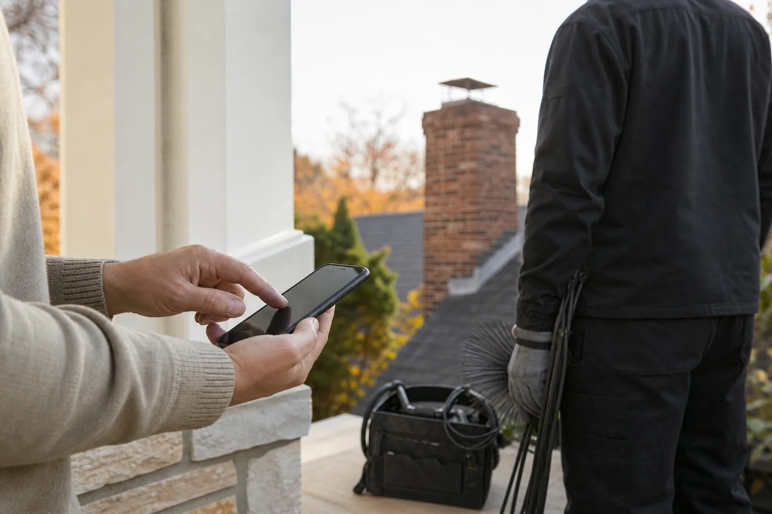 Chimney sweep waiting while a homeowner verifies credentials online