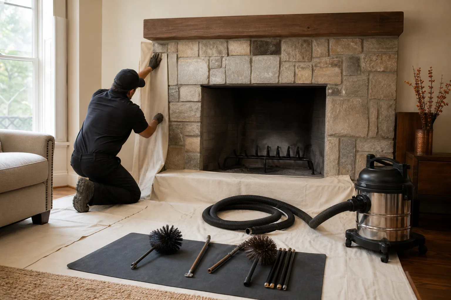 Professional chimney sweep protecting the hearth before brushing the fireplace flue