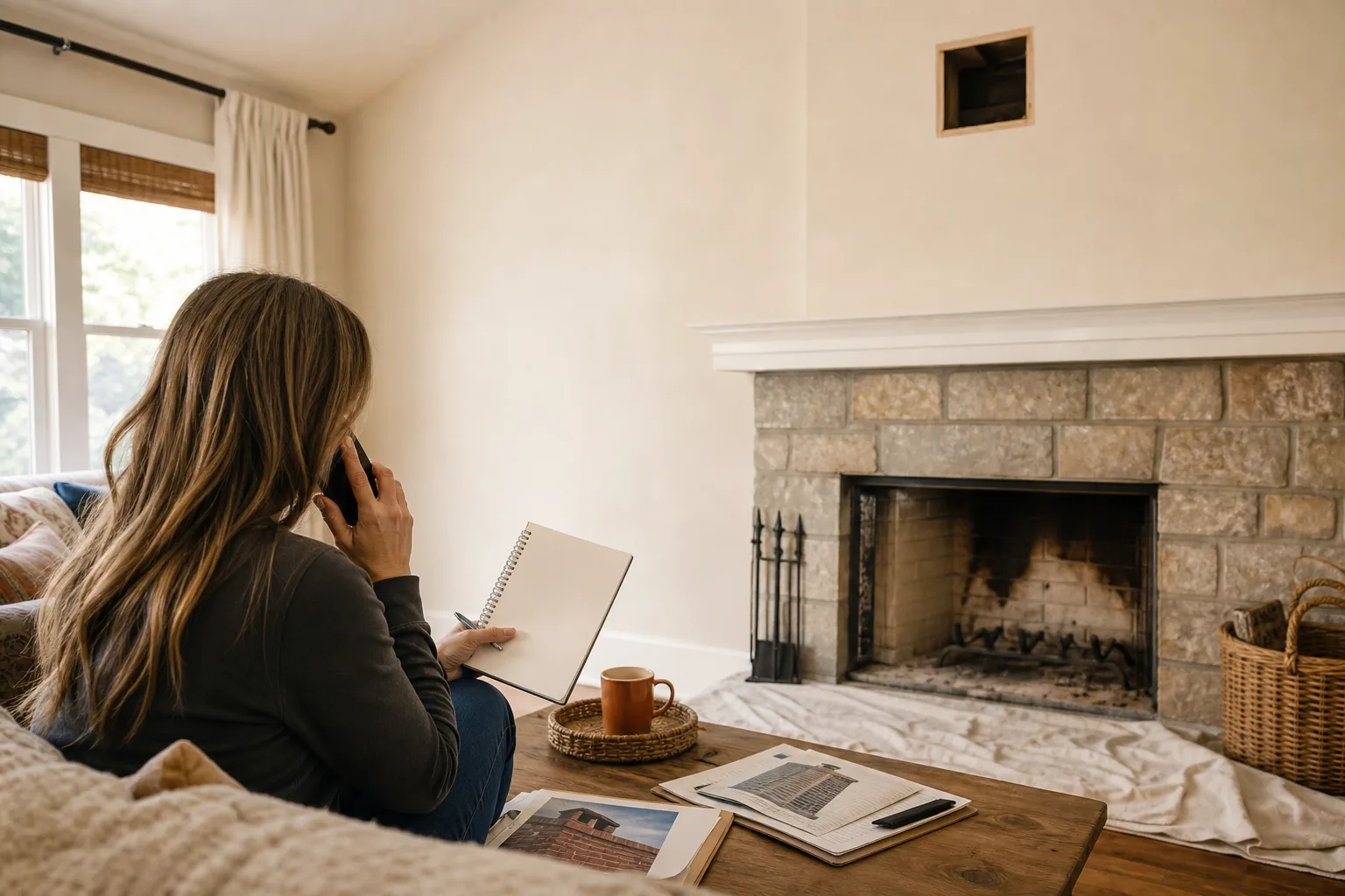 Chimney sweep booking questions discussed by phone beside an unused fireplace