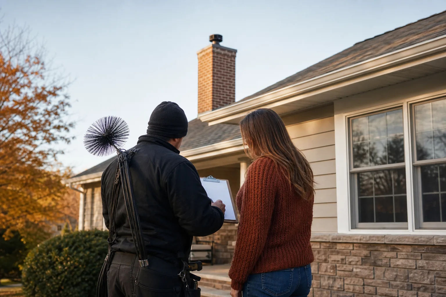 Local chimney sweep discussing a written service scope with a homeowner