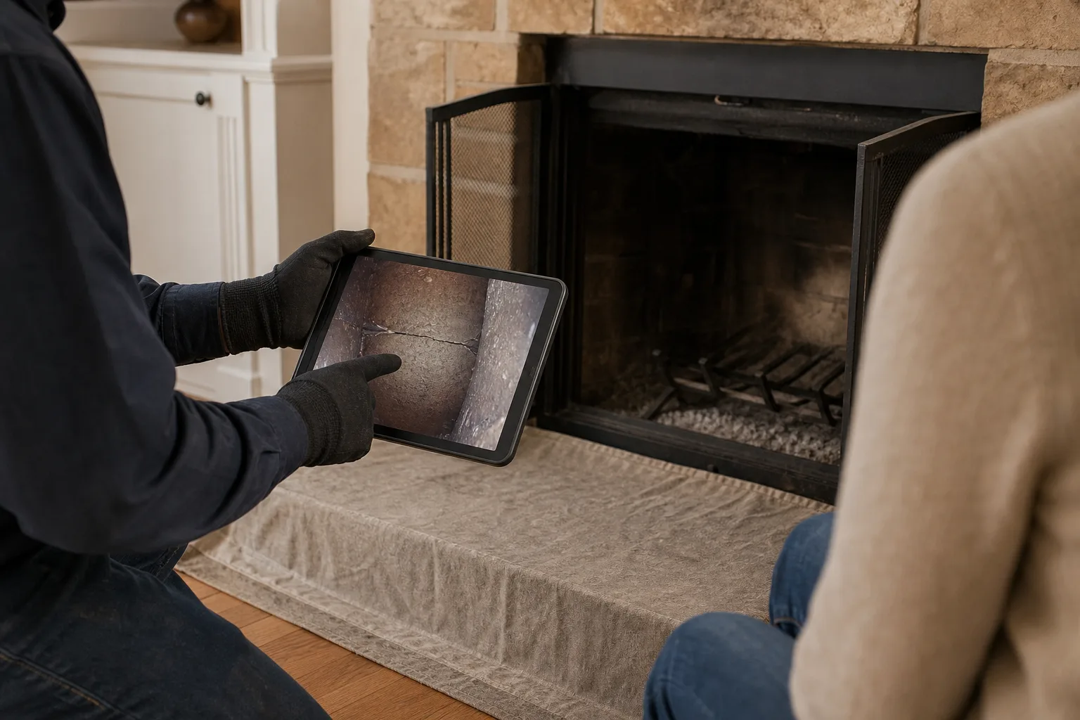 Chimney sweep showing camera evidence of flue damage to a homeowner