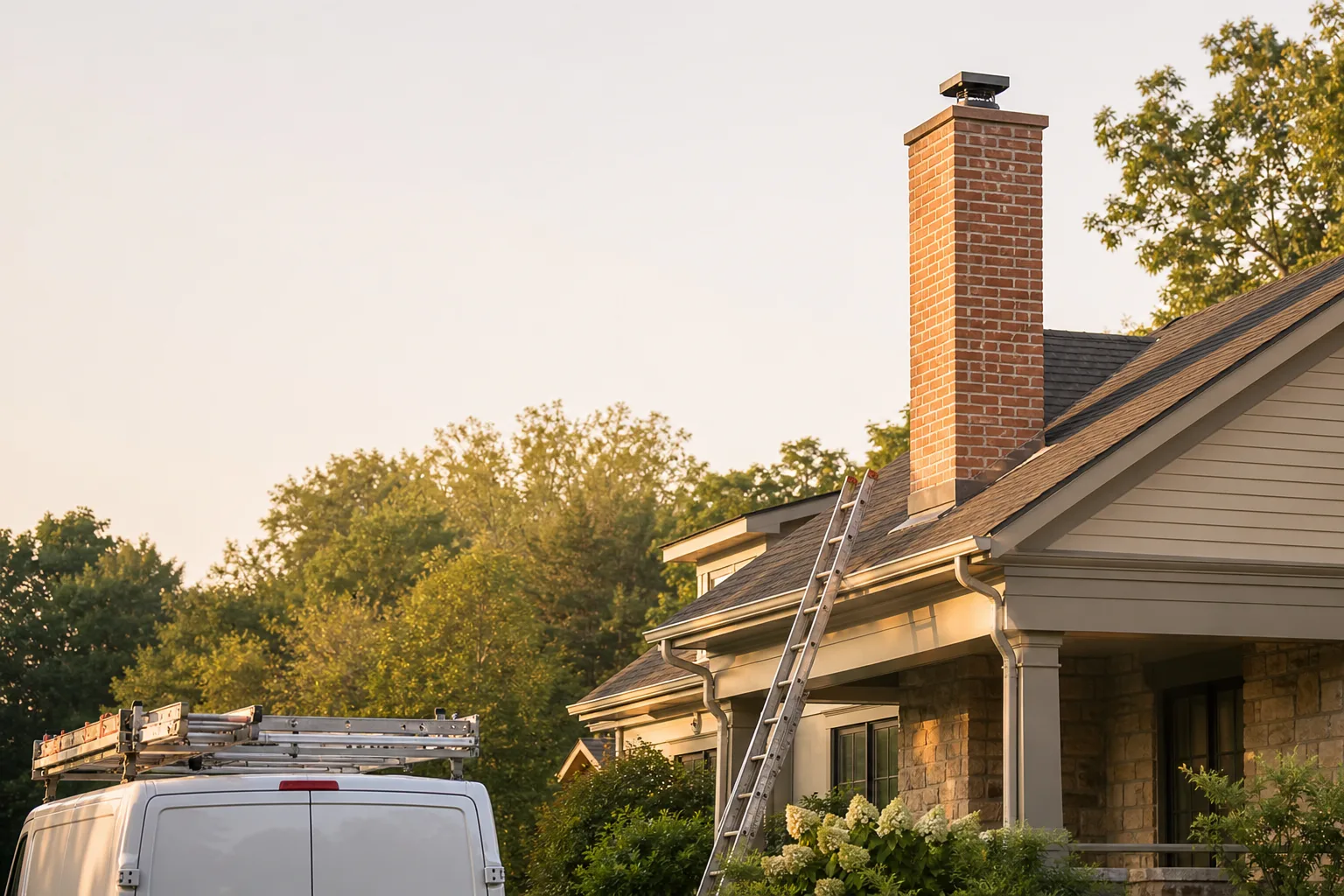 Service van and ladder at a suburban home with a clean brick chimney