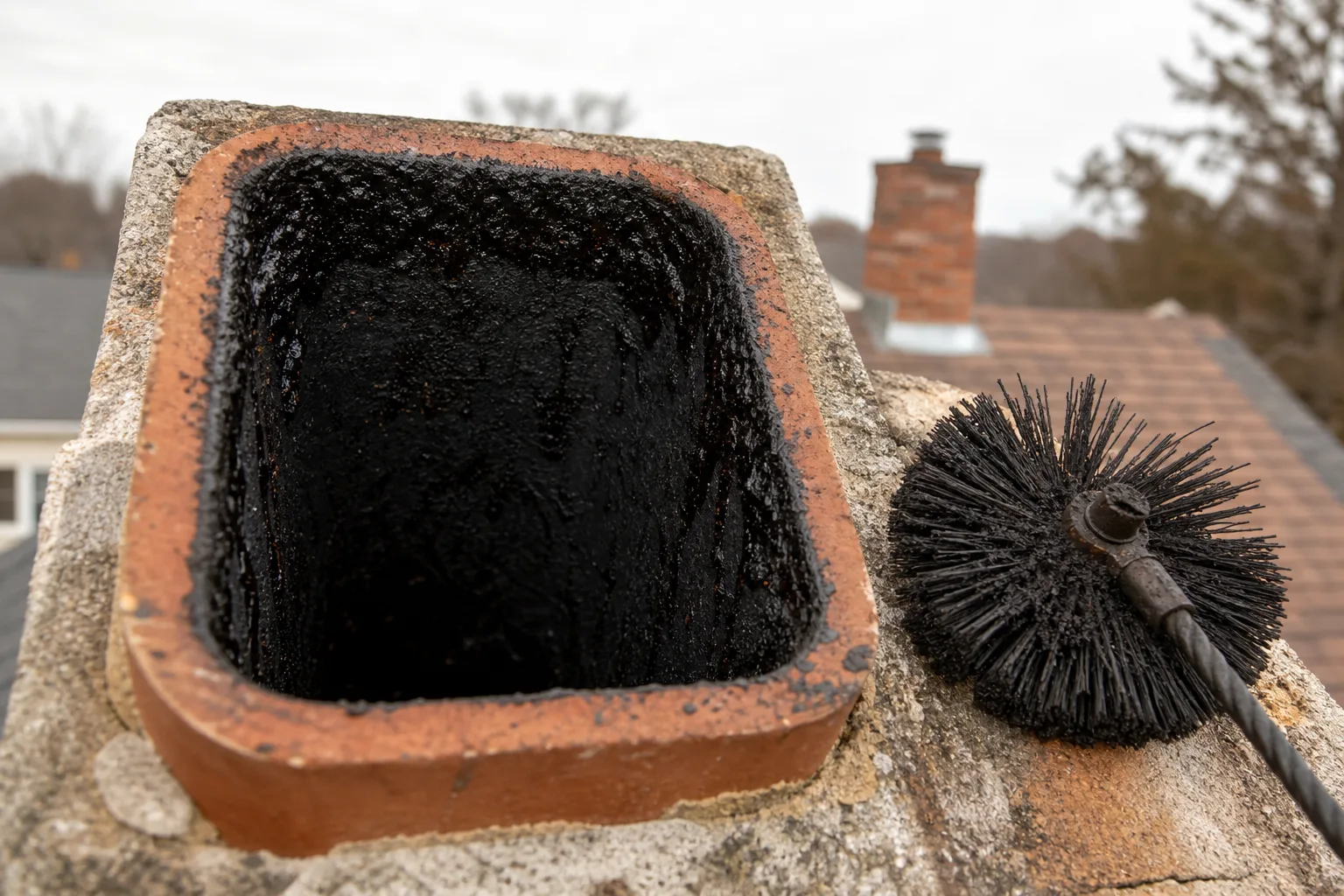 Thick black creosote coating the inside walls of a masonry chimney flue