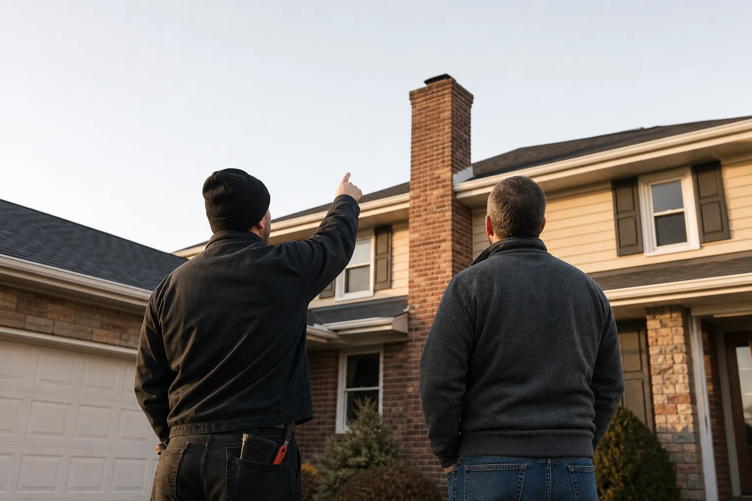 Technician pointing out a capless chimney to a homeowner from the driveway