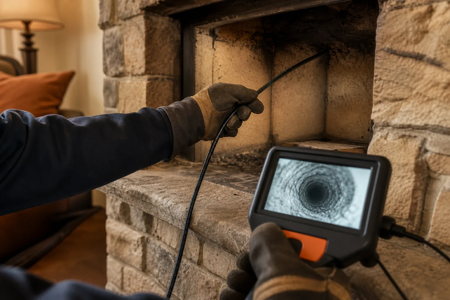 Video camera cable fed into a fireplace flue with liner footage on the monitor