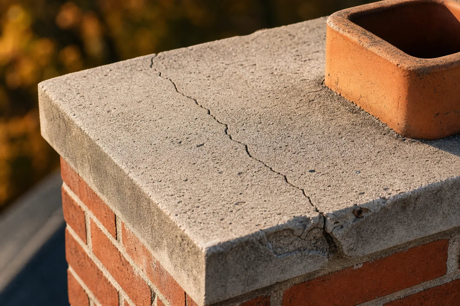 Hairline crack running across a concrete chimney crown above weathered brick