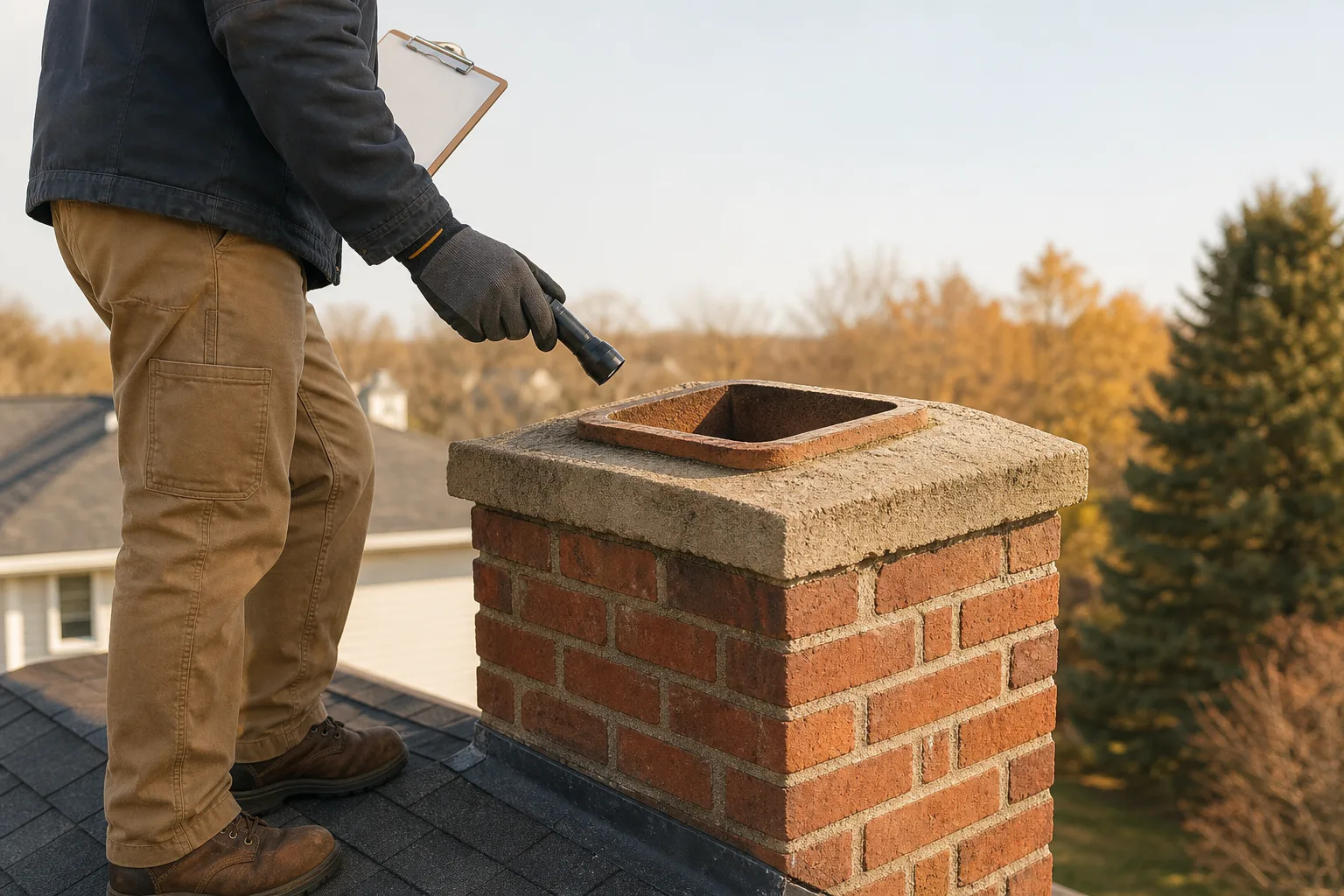 Technician assessing a brick chimney on a shingle roof while noting inspection details