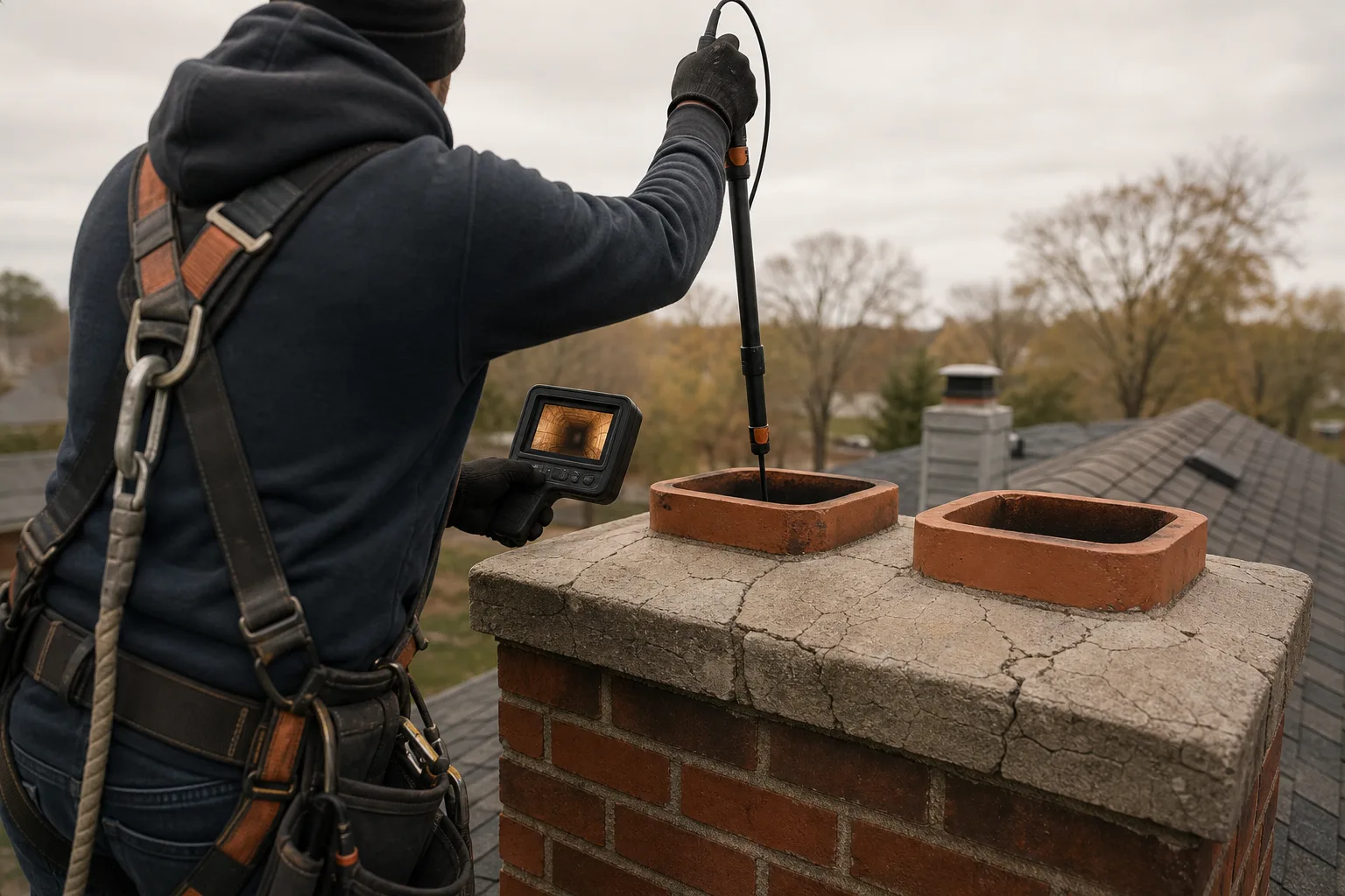 Chimney doctors run a camera down the flue for a Level 2 inspection under NFPA 211